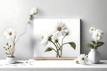 white flowers in a white vase on the wall