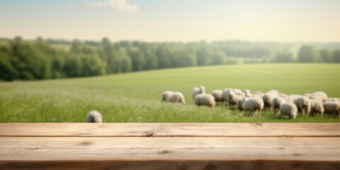 The empty wooden brown table top with blur background of sheep pasture. Exuberant image. generative AI
