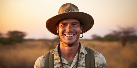 Joyful Man adorns an adventurer outfit and hat, tourist concept