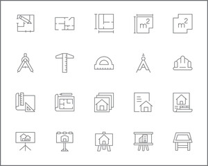 Set of architecture and construction icons line style. It contains such Icons as interior, real estate, building, house, plans, design, build, tool and other elements.