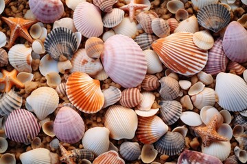 A collection of seashells scattered on the sand