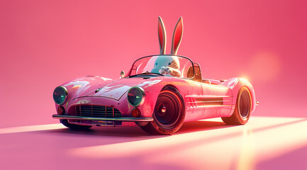 A fluffy pink bunny rabbit is sitting on a pink car. Funny, surreal Easter holiday. Generative AI  A rabbit in a pink and blue vintage type car