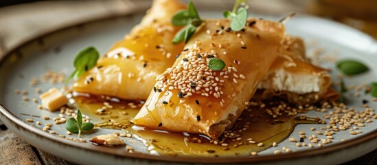 A sweet dish with fried feta cheese, wrapped in phyllo, and drizzled with honey, sesame, and nuts. - obrazy, fototapety, plakaty