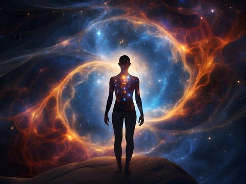A person merging with the cosmic energy, symbolizing the interconnectedness of life and the universe