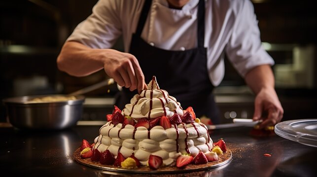Chef adding final touches to a pavlova in a kitchen. Image of food.
