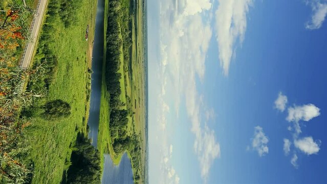 Picturesque view of the Kama River from the observation deck at the Yelabuga settlement. The movement of clouds over the river. Lower Kama National Park. Yelabuga, Republic of Tatarstan, Russia, 4K