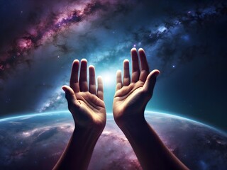 Human hands reaching out towards a galaxy in a cosmic exploration scene
