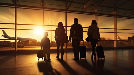 Silhouette of business travelers walking towards boarding gate at modern airport terminal. Image of...