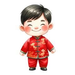 Watercolor boy in red chinese suit. Chinese New Year concept. Red chinese suit boy clipart.