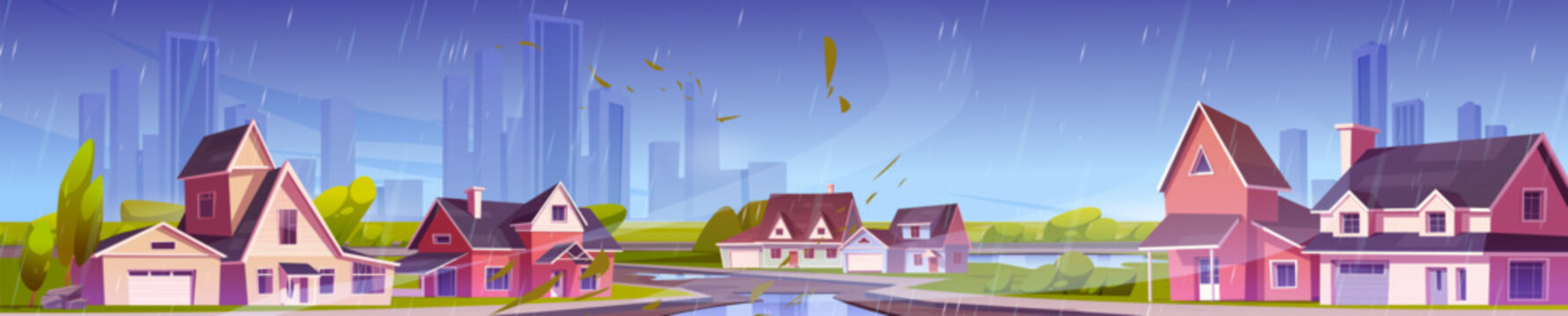 Suburban landscape with countryside house in rain. Cartoon vector illustration of cityscape street with private family home in wet rainy weather. Suburb with neighborhood cottages, yards and trees.
