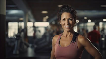Fototapeta na wymiar Mature woman in sportswear smiling and holding a yoga mat in a fitness studio