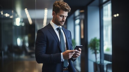 Portrait of a confident and professional business man using a cellphone in a modern office setting
