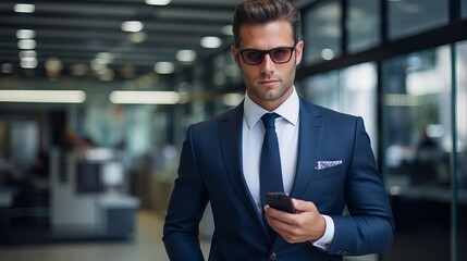 Portrait of a confident and professional business man using a cellphone in a modern office setting