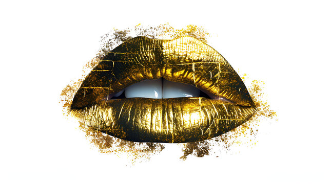 Luxury gold lips makeup golden lips with golden lipstick gold paint on the lips of sexy girl sensual woman, generative ai