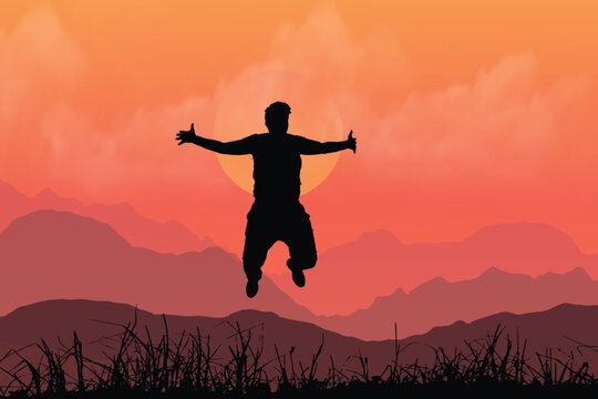 Happy man jumping for joy at sunset vector. Success and happiness concept.