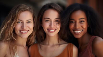 Joyful diverse women: captivating smiles in a portrait embracing various skin tones