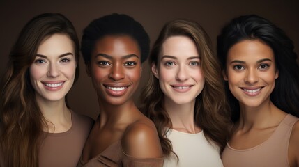 Fototapeta premium Joyful diverse women: captivating smiles in a portrait embracing various skin tones