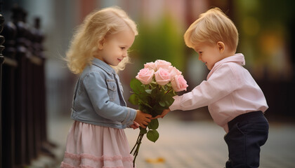 Little boy gives little girl bouquet of pink flowers