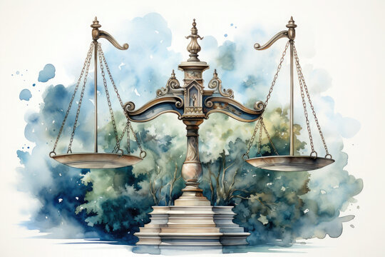 Watercolor Scales Of Justice Illustration, Generative Ai