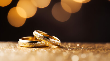 A pair of gold wedding rings with the word love on them, generative ai
