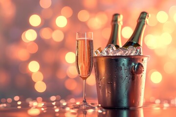 a bottle of champagne in a tin bucket with ice, a festive background. copy the space.