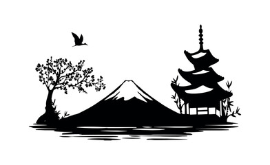 silhouette of Japanese temple and fuji mountain, sakura by the river vector - obrazy, fototapety, plakaty