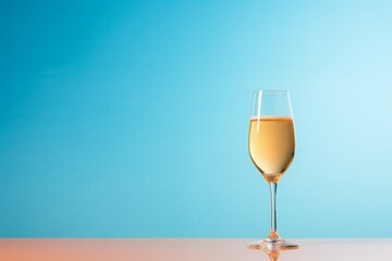 a glass of champagne on a blue background. festive alcoholic carbonated drink, sparkling wine. copy the space. - obrazy, fototapety, plakaty