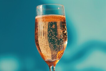 a glass of champagne on a blue background. festive alcoholic carbonated drink, sparkling wine. copy the space.