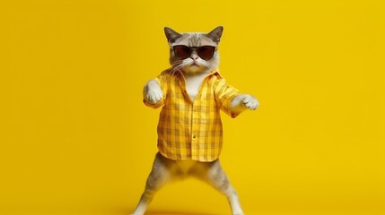 cool dancing cat in sunglasses on a yellow background, Generative ai