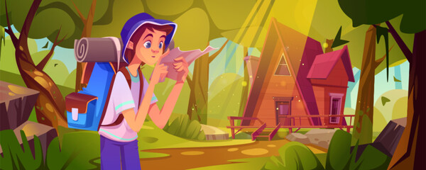 Boy scout with hiking backpack and equipment looking at paper map while standing in forest near wooden hut. Cartoon vector summer landscape with tourist outside near wood house among green trees.