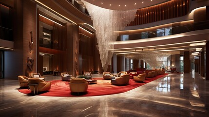 The lobby of the resort hotel has a red sandstone wall as the background, a boat-shaped reception counter, fish-shaped chandeliers hanging, a unique elevator hall. - obrazy, fototapety, plakaty