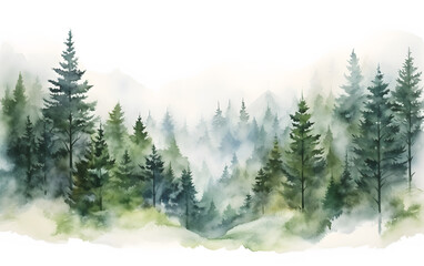 Fototapeta na wymiar Misty Pine Forest Watercolor Landscape, A serene watercolor painting depicting a misty pine forest with subtle hues and soft textures