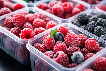 Frozen berries in plastic boxes in the freezer. Open deep freeze filled with frozen berries - obrazy, fototapety, plakaty