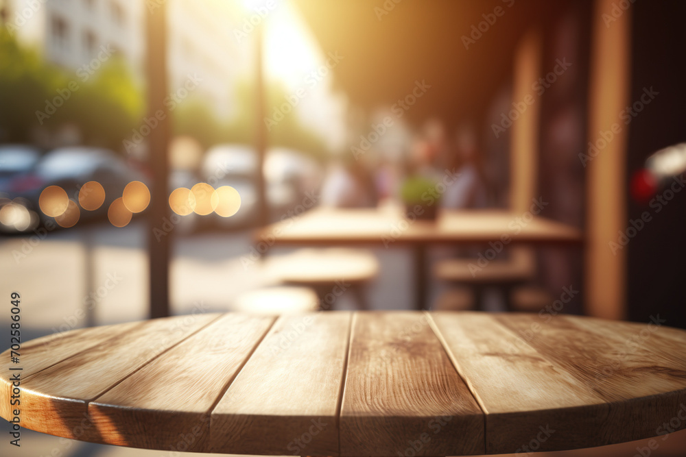 Poster wooden table blurred background of restaurant of cafe with bokeh. flawless generative ai