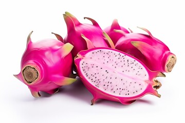 a bunch of dragon fruit on a white background, half and whole pink cactus fruits. pitahaya, pitaya.