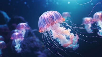 Naklejka premium a bright jellyfish in its natural habitat. sea or ocean, underwater life. marine background. a glowing medusa.