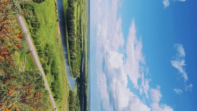 Picturesque view of the Kama River from the observation deck at the Yelabuga settlement. The movement of clouds over the river. Lower Kama National Park. Yelabuga, Republic of Tatarstan, Russia, 4K