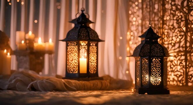 Ramadan decoration with arabic lantern and candle in night