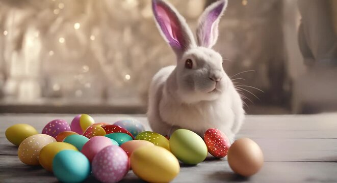 Bunny with Easter colorful eggs