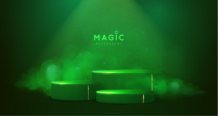 Magic green showcase background with 3d podium and green fog or steam. Glowing shiny trail. Vector illustration
