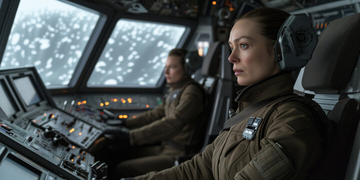 Female pilot in a thick uniform sits beside her co-pilot in the cockpit of a futuristic plane, navigating through heavy snow