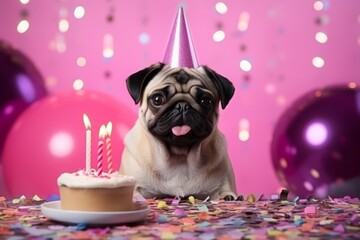 A pug dog in a hat celebrates a birthday. festive background and cake with candles. atmosphere of the holiday.