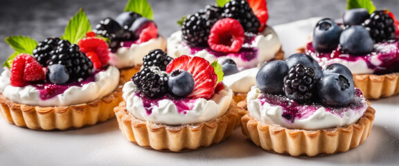Delicious fruit tarts topped with a variety of fresh berries and mint leaves.