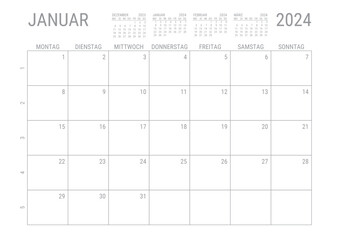 Monat Kalender Januar 2024 Monatskalender Kalenderblatt Kalendarium mit Kalenderwoche Planer DIN A4 Deutsch