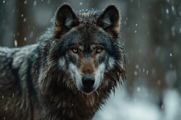 Naklejka na ściany i meble closeup portrait of a grey wolf in the rain