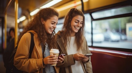 Two cheerful pretty young women are standing in a bus and looking at the phone and smiling while waiting for a bus to take them to their destination. high quality image.