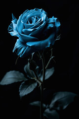 a blue rose with black background on a stem