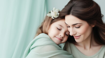 A tender close up photo of a mother and her daughter embracing. Concept of  Mother's Day, parenting, motherhood and maternity - obrazy, fototapety, plakaty