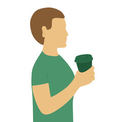 Side view of healthy man holding a takeaway paper coffee cup. waist up confident happy taking a break. tea