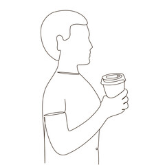 Line art of side view of healthy man holding a takeaway paper coffee cup. waist up confident happy relax. tea